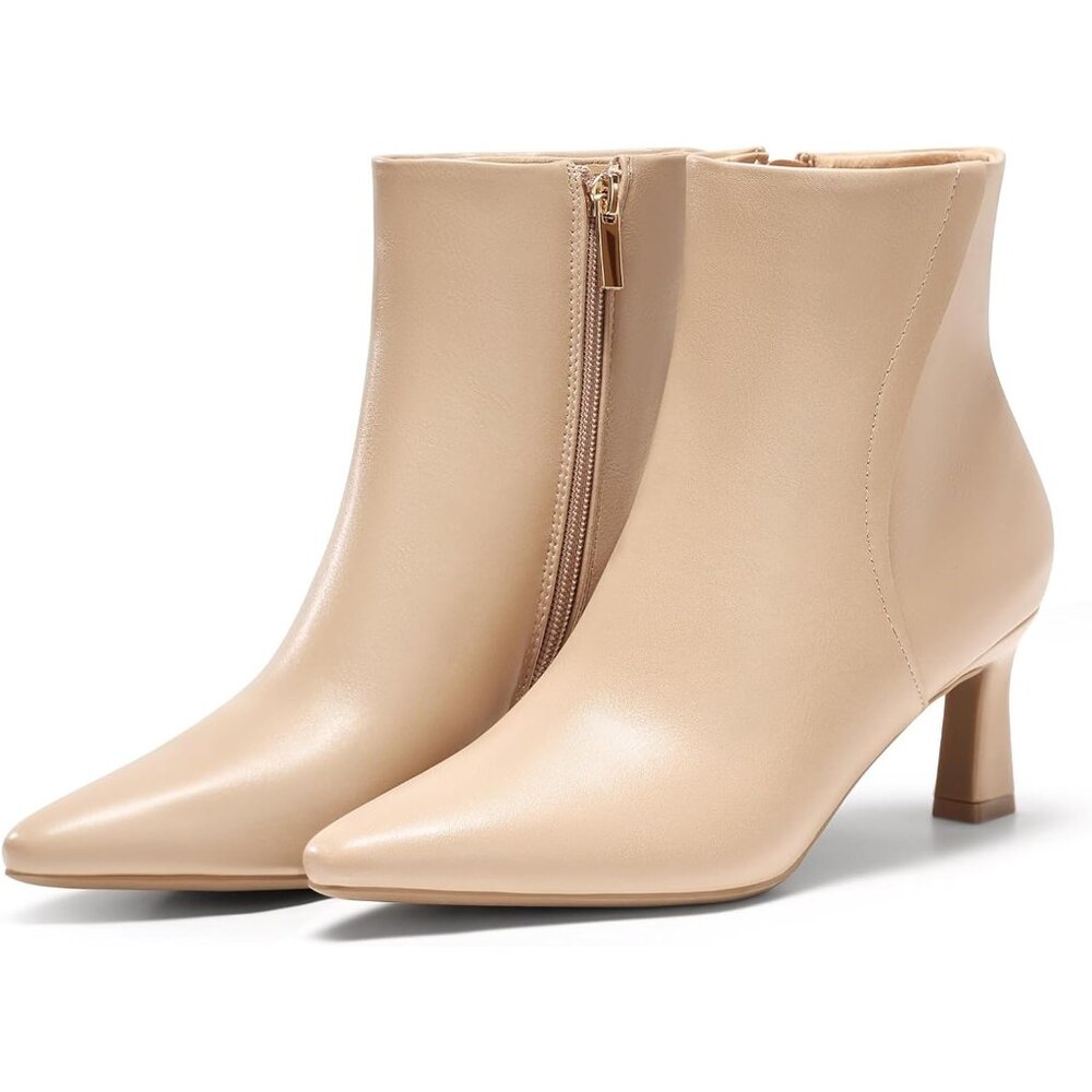 Women's Khaki Ankle Boots Kitten Heel Pointed Toe Side Zipper Winter Dress Shoes